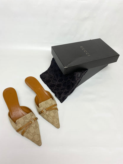 Gucci Tan Brown Monogram Pointed Mule Heels