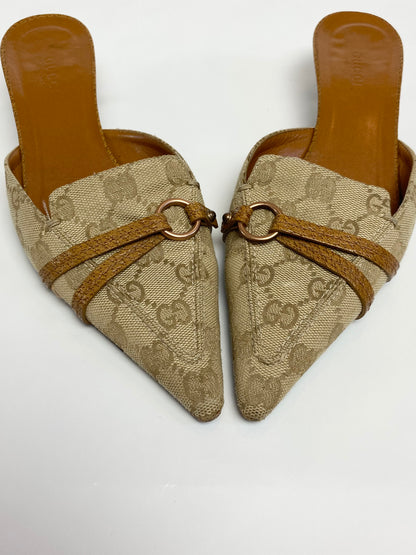 Gucci Tan Brown Monogram Pointed Mule Heels