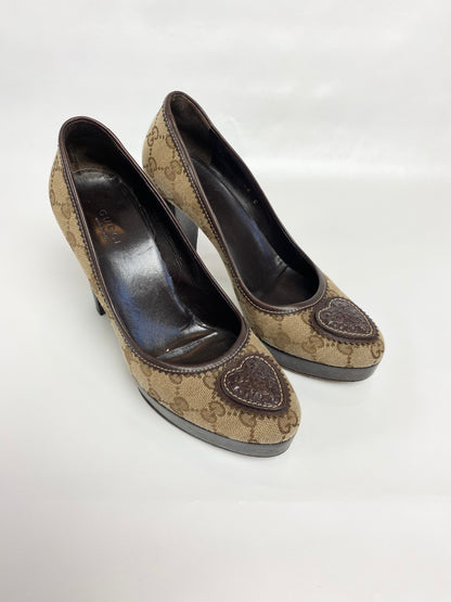 Gucci Brown Monogram Hysteria Heart Platform Heels