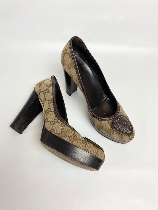 Gucci Brown Monogram Hysteria Heart Platform Heels