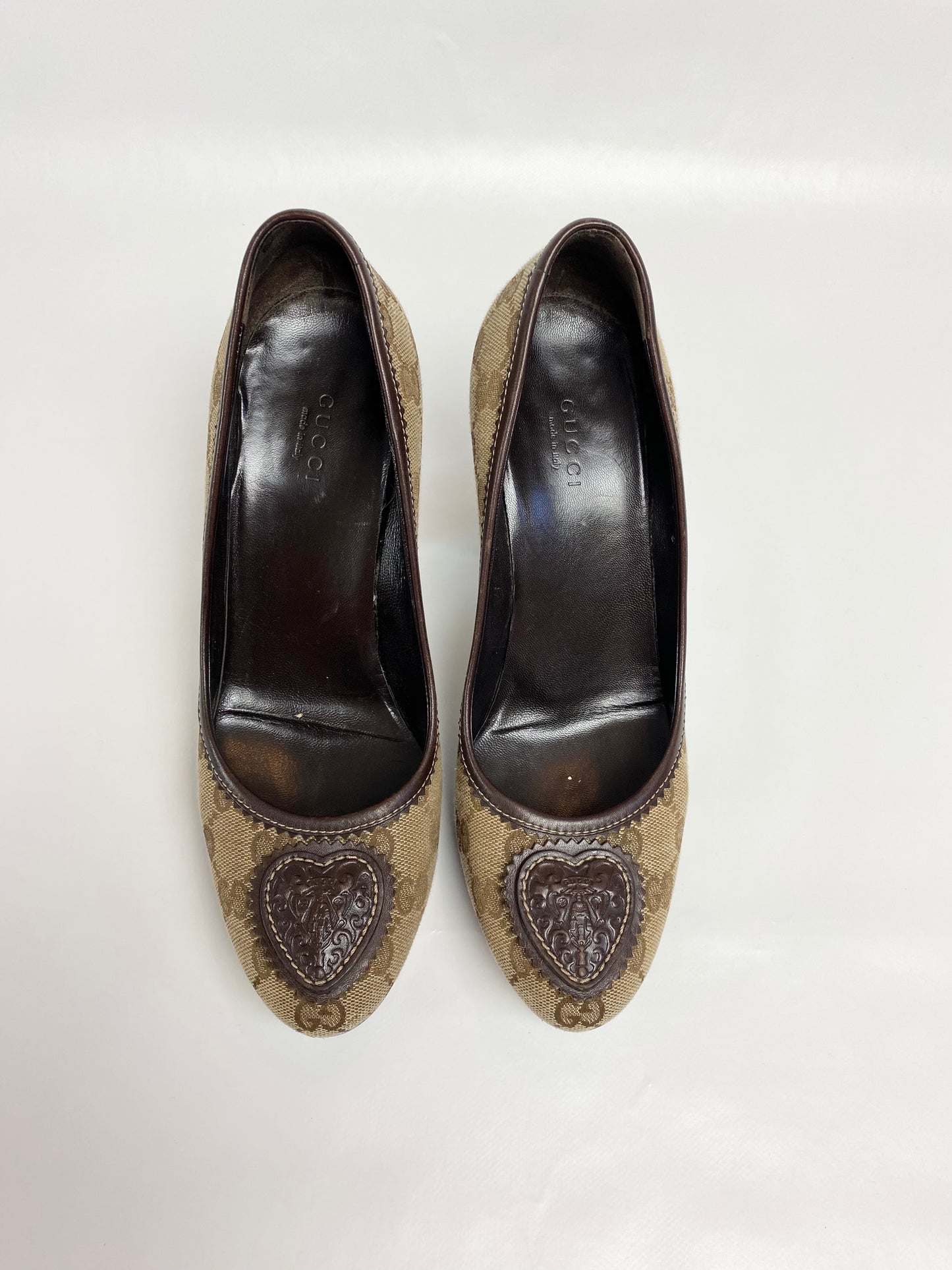 Gucci Brown Monogram Hysteria Heart Platform Heels