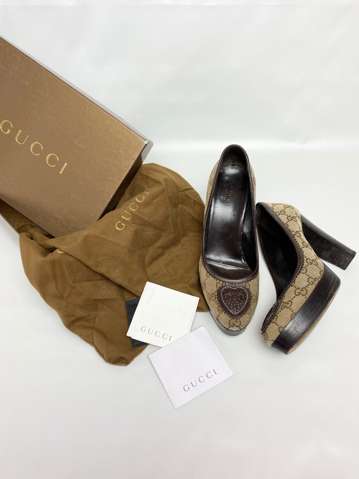 Gucci Brown Monogram Hysteria Heart Platform Heels