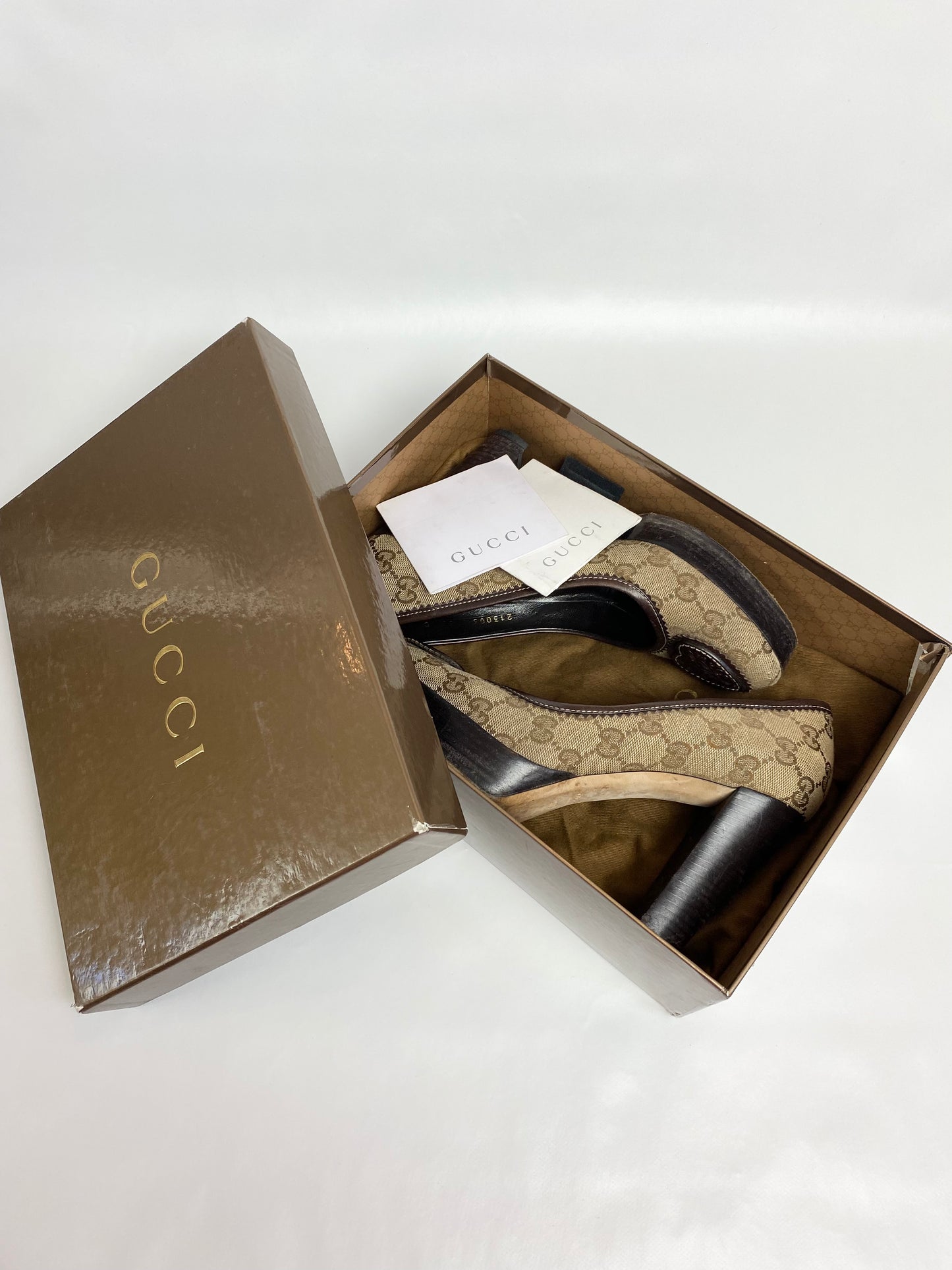 Gucci Brown Monogram Hysteria Heart Platform Heels