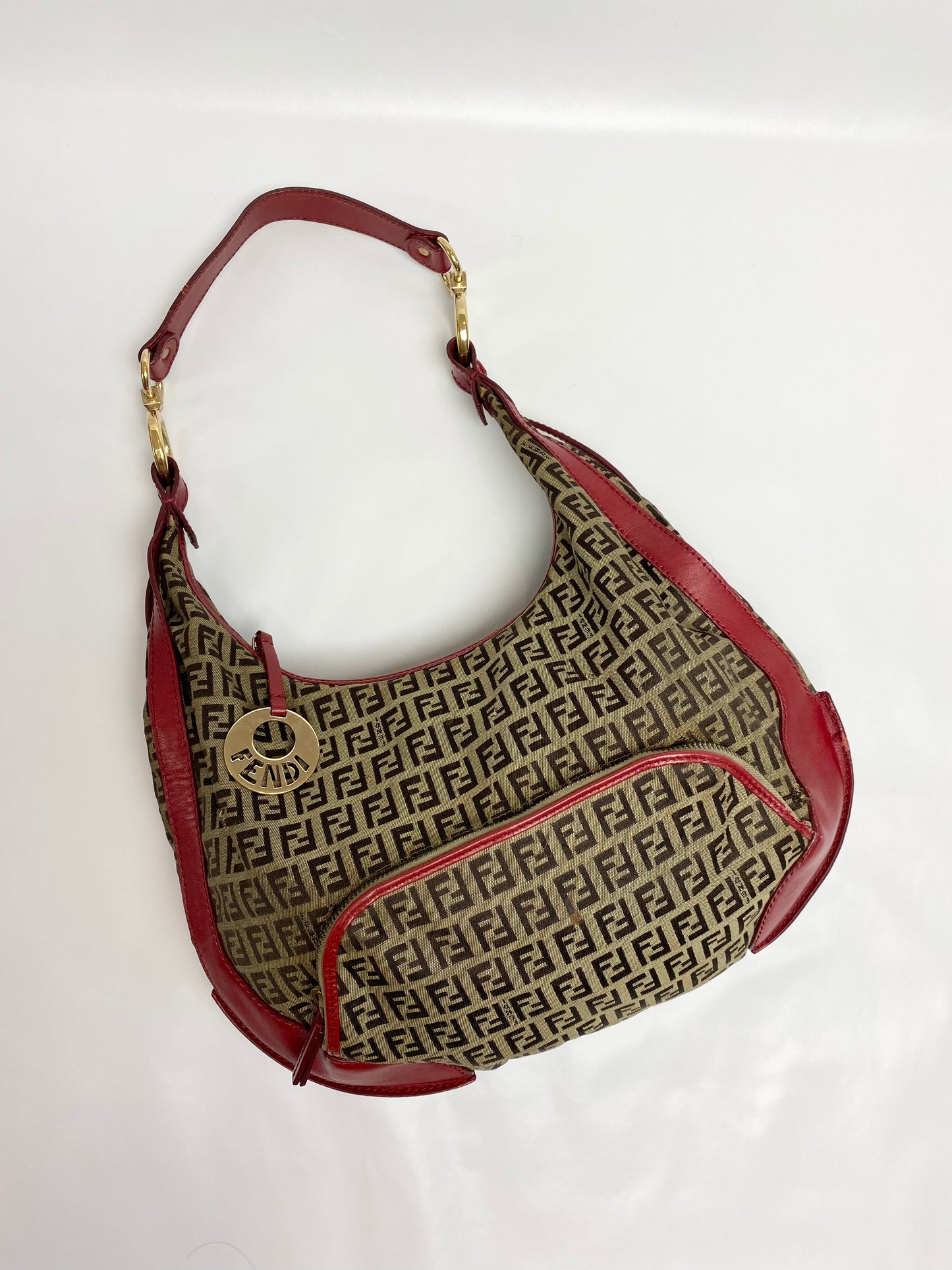 Fendi Red & Brown Zucchino Canvas Chef Hobo Bag