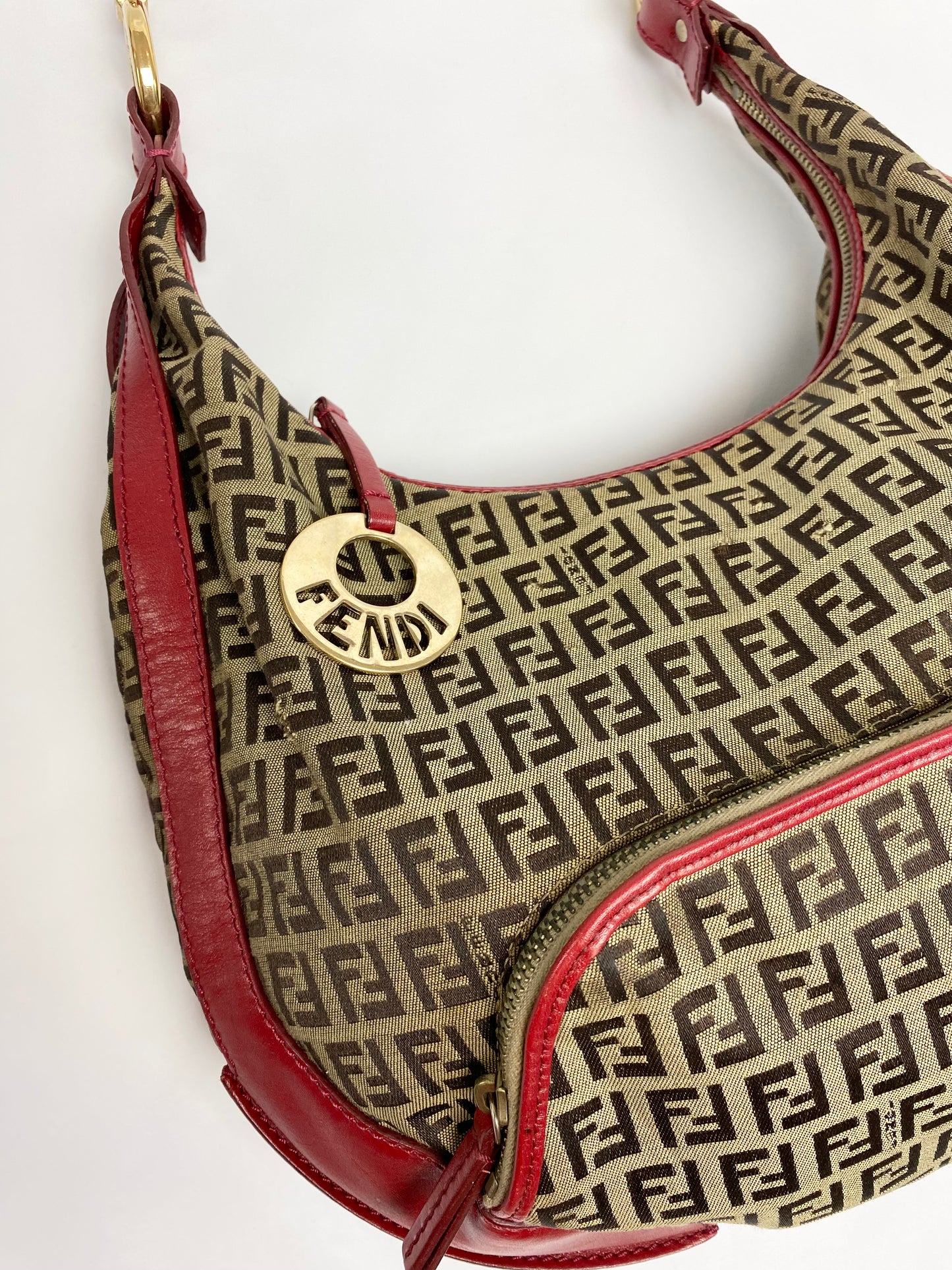 Fendi Red & Brown Zucchino Canvas Chef Hobo Bag