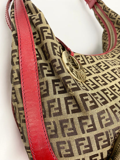 Fendi Red & Brown Zucchino Canvas Chef Hobo Bag